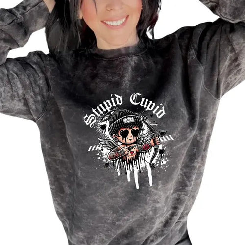 'Stupid Cupid' Mineral Wash Crewneck Sweatshirt, T Shirt, or Hoodie Aesthetic Pullover | Punk Rocker Style | CiraTrend.com