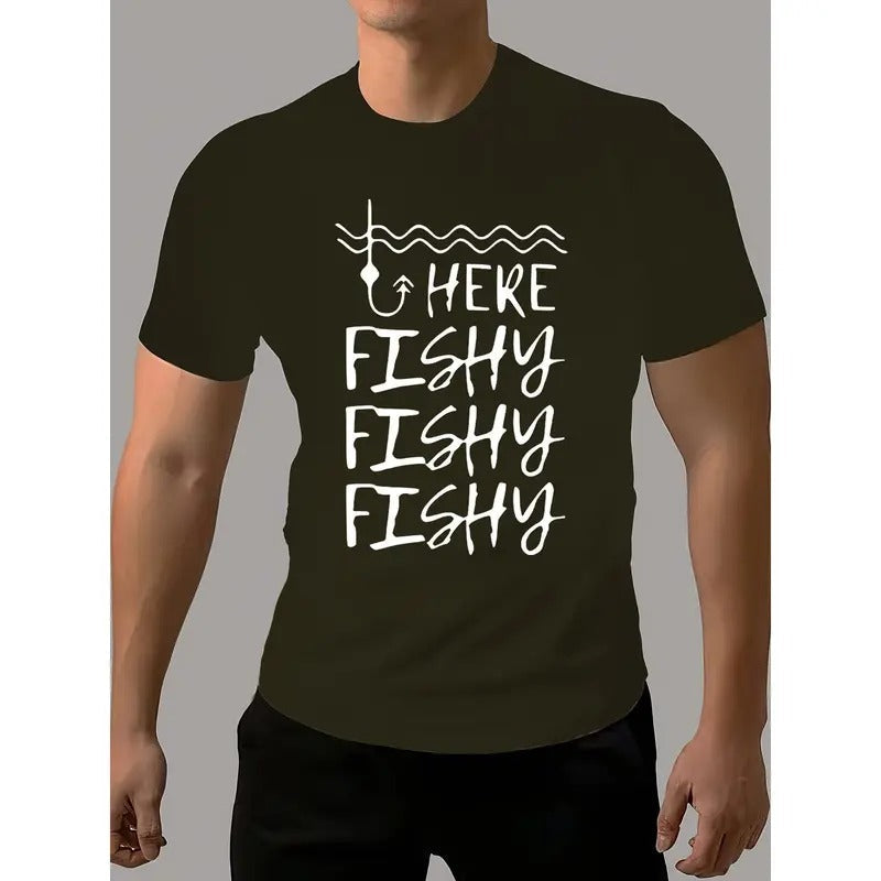 Stylish Fish Hook Print Crew Neck Tee - Men's Summer Fashion T-Shirts for Outdoor Activities