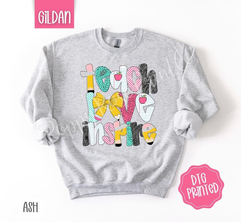 Teach Love Inspire Sweatshirt, Cute Teacher Sweater, Trendy Bow Crewneck, Gift for Her T-Shirts, Hoodie | CiraTrend.com