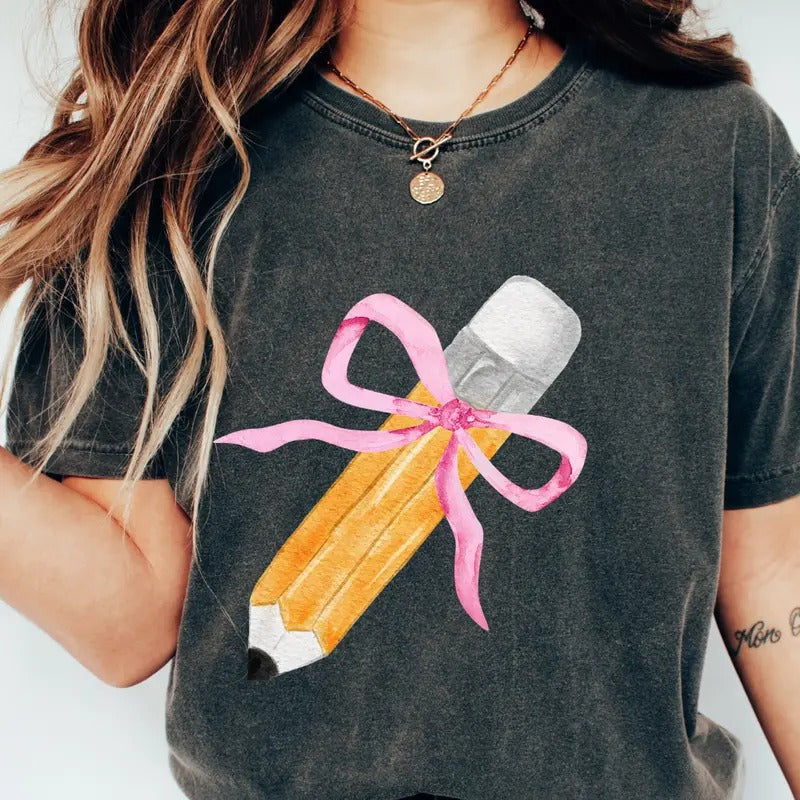 Teacher Comfort Colors Shirt, Pencil Bow Teacher Shirt, Back To School Shirt, Elementary School Shirt, Gift For...