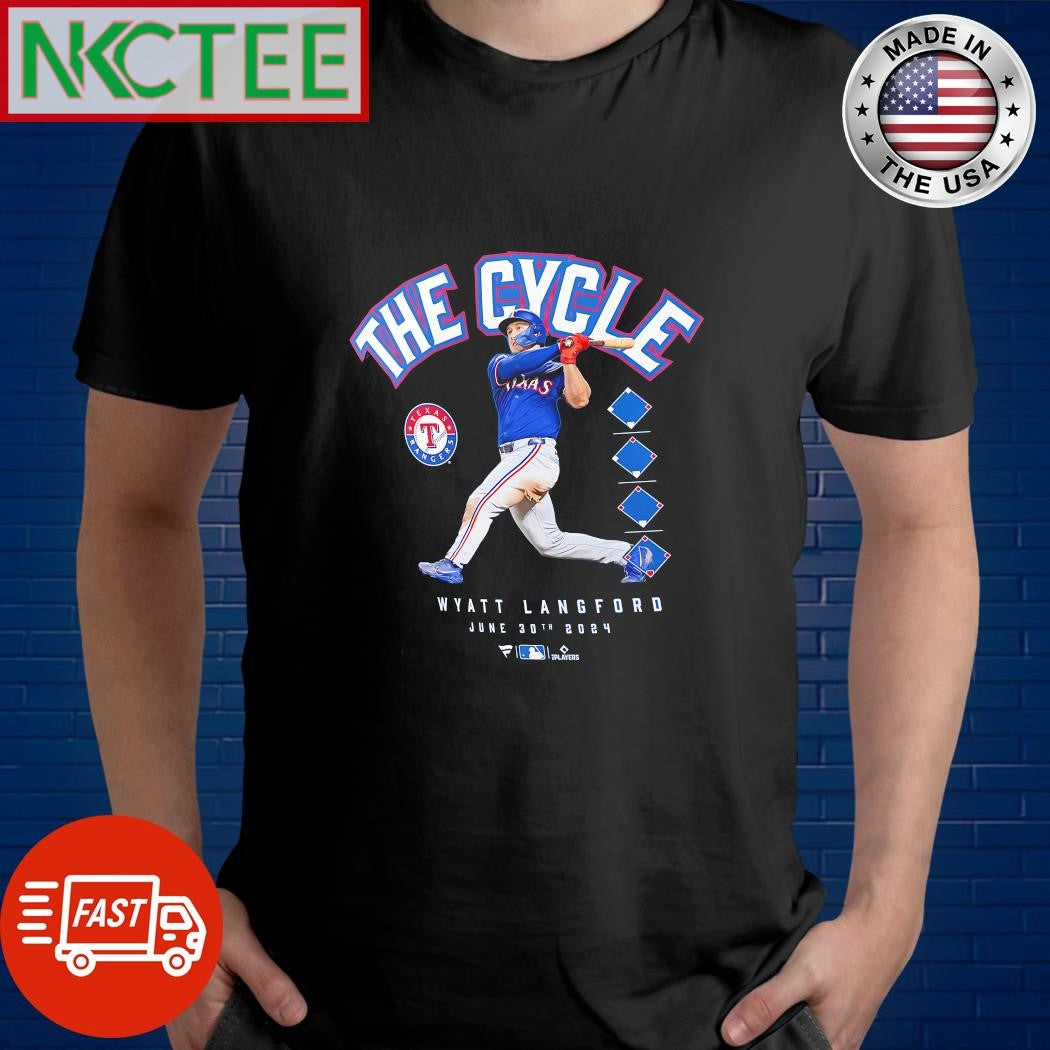 Texas Rangers Wyatt Langford batting The Cycle 30th June 2024 shirt