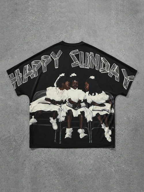Unisex's Happy Sunday Letter Print Short Sleeve Graphic Tee, Casual Comfy Round Neck T-shirt for Summer, Fashion Men's...