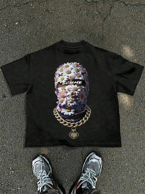 Unisex's Hip Hop Daisy Print Short Sleeve Graphic Tee, Regular Fit Casual Chain Print Crew Neck T-shirt for Summer,...