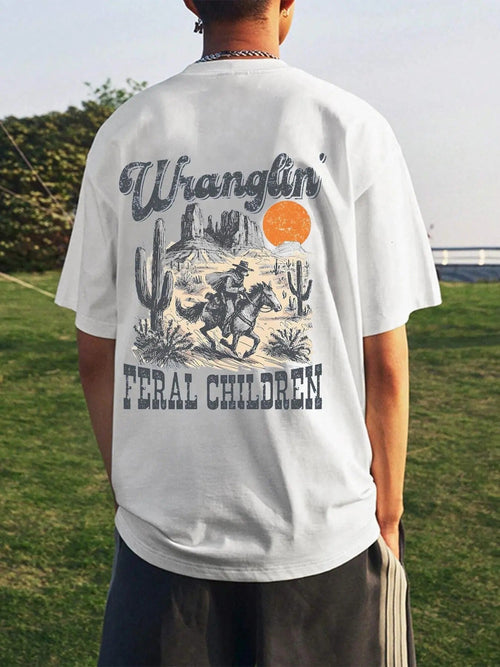 Unisex's Letter & Cowboy Print Drop Shoulder Tee, Casual Comfy Short Sleeve Round Neck T-shirt for Daily Wear, Unisex's...