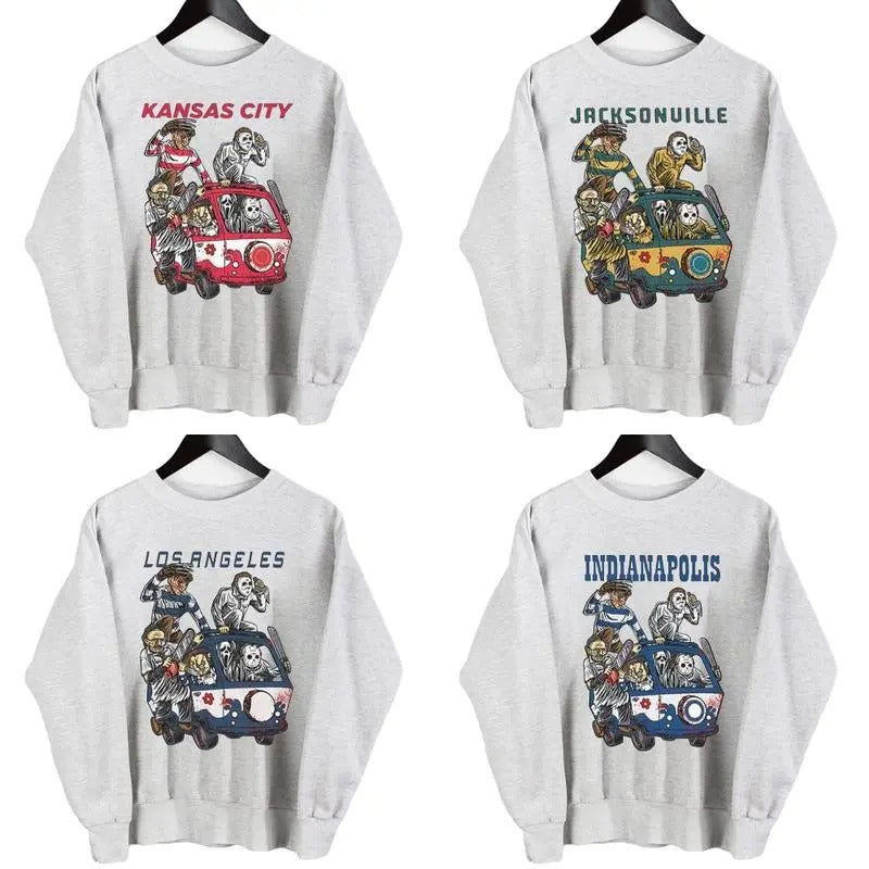 Vintage All Team Football Graphic Halloween Sweatshirt, Hororr All Team Football Sport Grey Sweatshirt, Halloween Sport...