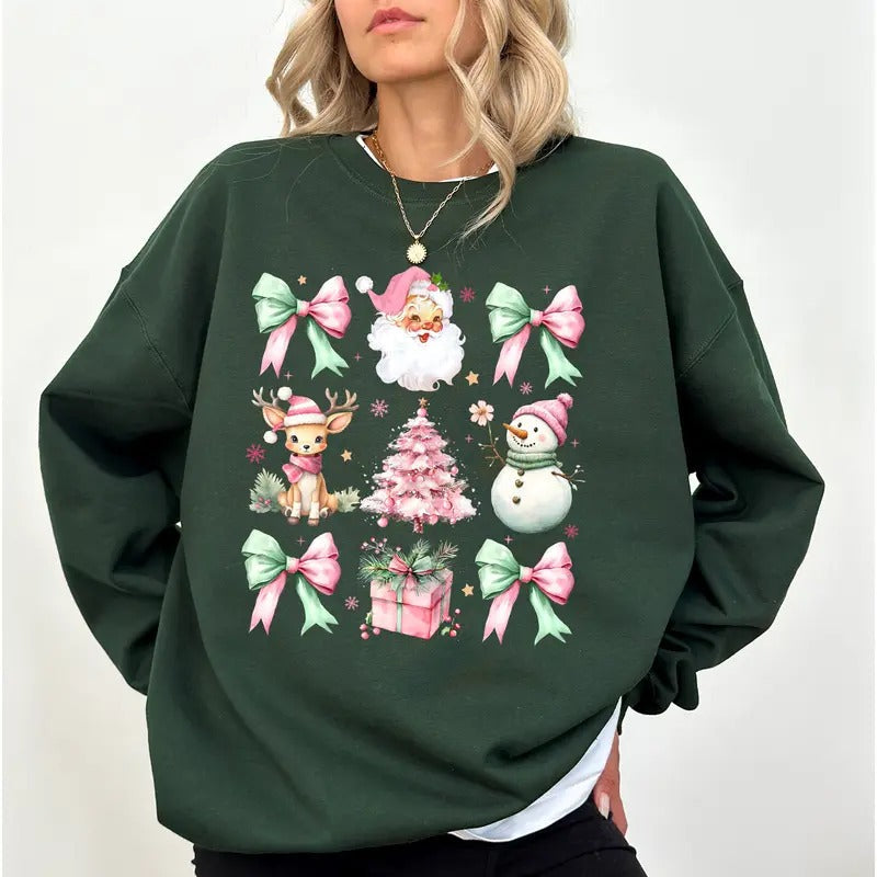Vintage Christmas Coquette Bow Sweatshirt, Girly Christmas Crewneck for Women, Cute Santa Sweatshirt, Pink Christmas Tree...