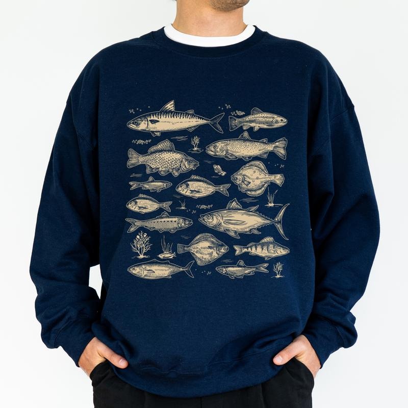 Vintage Fish Species Tattoo Style Sweatshirt for Men, Retro Fishing Tops, Unisex Fisher Crewneck, Bass Lovers Sweater,...