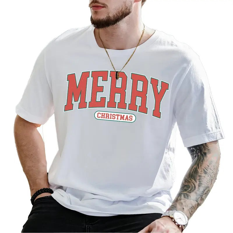Vintage Merry Christmas Varsity Men Graphic Tee, Retro Merry Christmas Shirt, Holiday Vibes Unhinged Tee, Vintage...