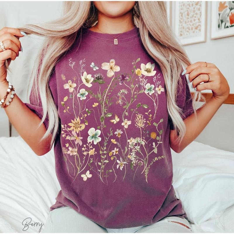 Vintage Pressed Flowers Tshirt Comfort Colors Boho Wildflowers Cottagecore Shirt Botanical Tee Pastel Floral Shirt...