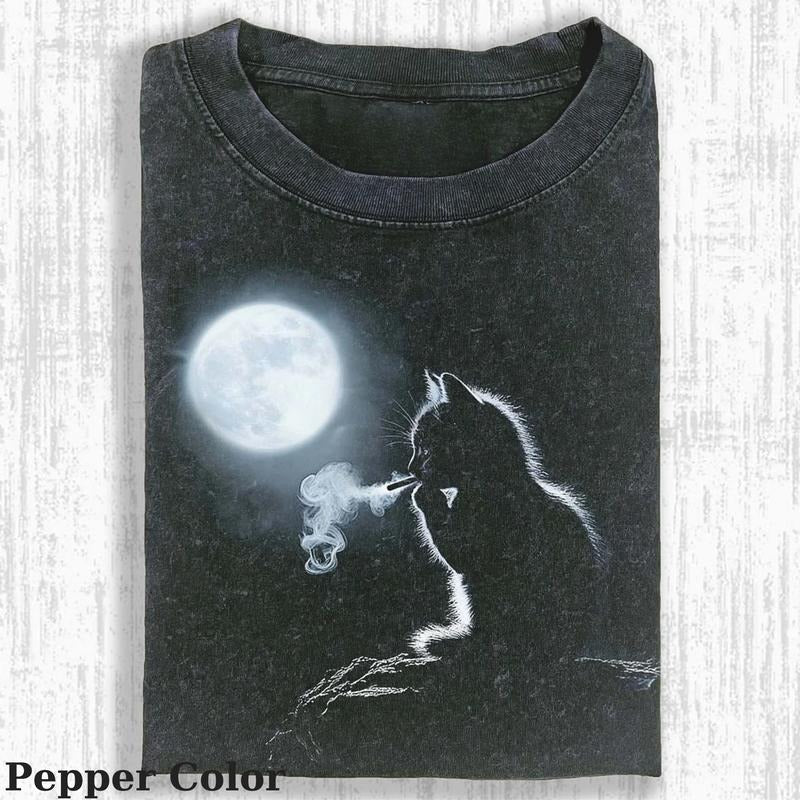 Vintage Smoking Cat In The Moonlight T-Shirt, Fantasy Kitten Tshirt, Cute Cat Shirt, Cool Cat Tshirt, Love Cat Tshirt,...