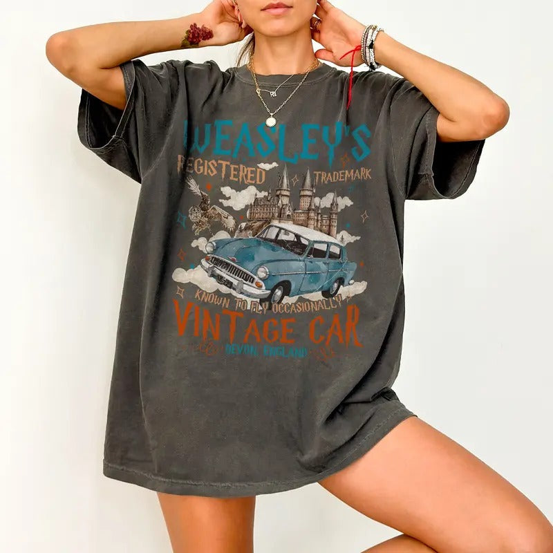 Wizard Flying Car Comfort Colors Shirt, Vintage Style Weasley Car Tee, Bookish Wizard Shirt, Universal Fan shirt, Magical...