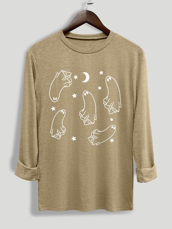 Women's Cartoon Ghost Print Round Neck Tee, Casual Halloween Long Sleeve Crew Neck T-shirt for Daily Wear, Ladies...