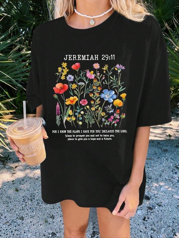 Women's Floral & Letter Print Round Neck Tee, Vintage Trendy Casual Drop Shoulder Half Sleeve T-shirt for Daily Wear,...