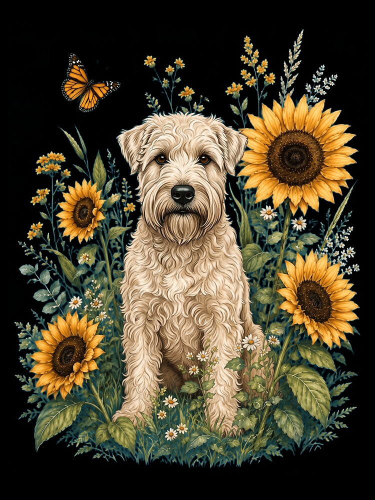 Soft Coated Wheaten Terrier With Sunflower Cottagecore Art Dog Owner by TerryConnells