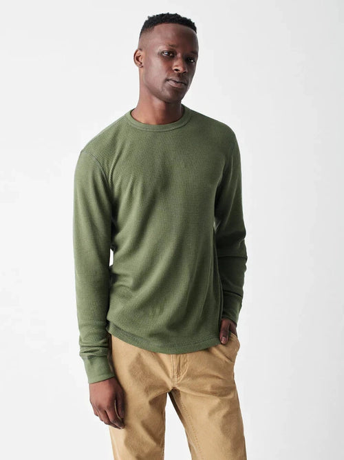 $98 NWOT Men's 2XL Faherty Legend Waffle Crew LS Stretch T-Shirt in Olive