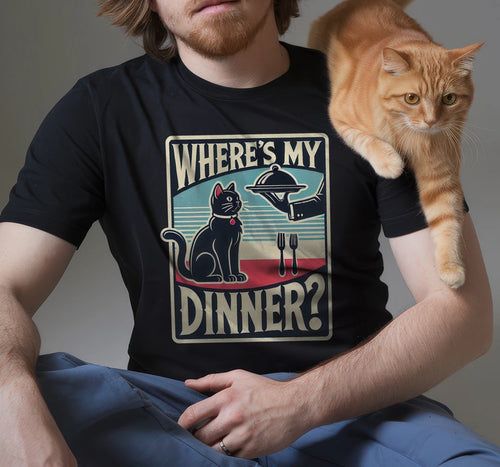 "Where's My Dinner?" Funny Cat T-Shirt - Vintage Hungry Cat Graphic Tee