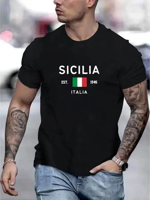 "SICILIA Italian Style Short-sleeved T-shirt" : White Characters on Black Backgr